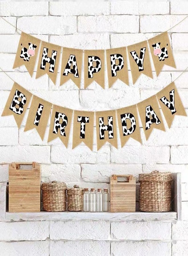 CROWNOS Cow Print Happy Birthday Banner, Burlap Pre-strung Cow Birthday Party Decorations Supplies - Image 5